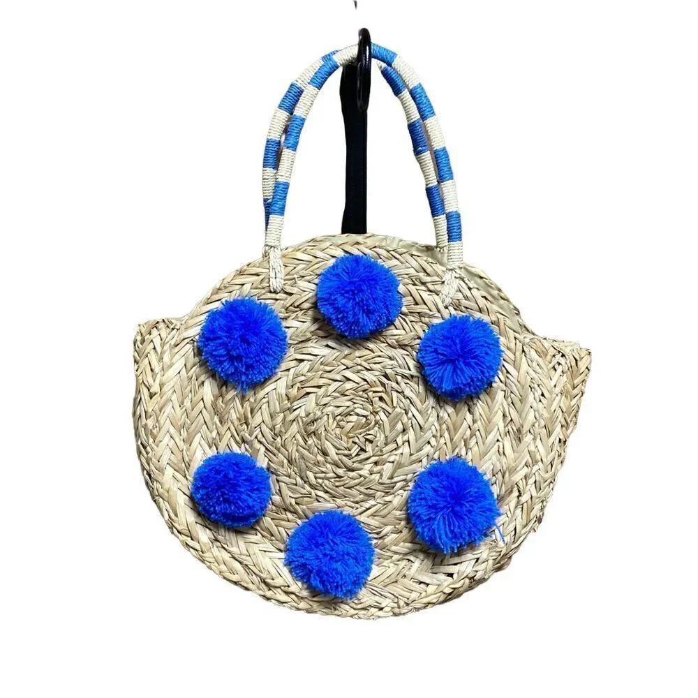 Mud Pie Straw Blue Pom Pom Circle Tote Bag NWT